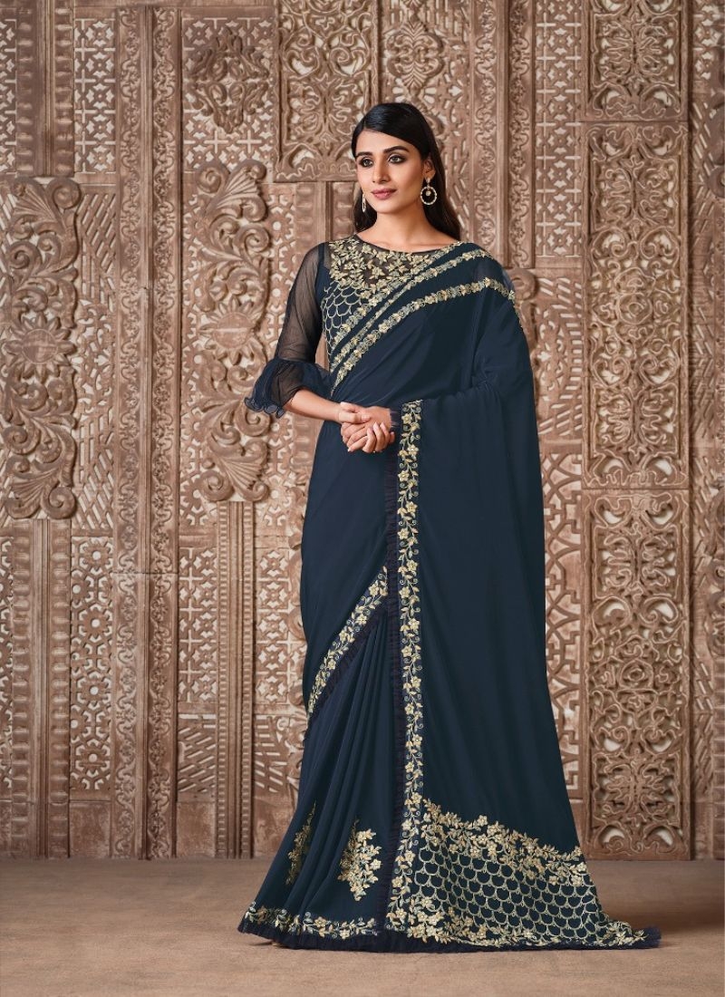 Premium silk georgette saree with thread embroidery in dark blue