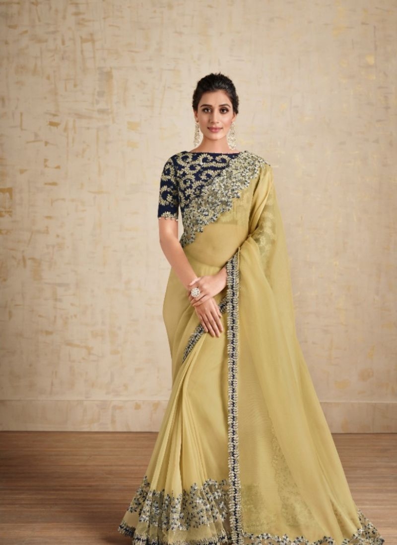 Premium net organza saree with floral prints lime yellow