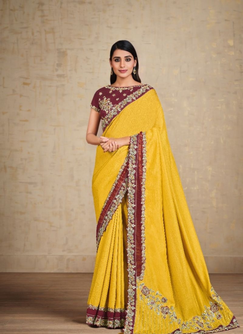 Premium tusser silk saree with cut-work detailing in yellow