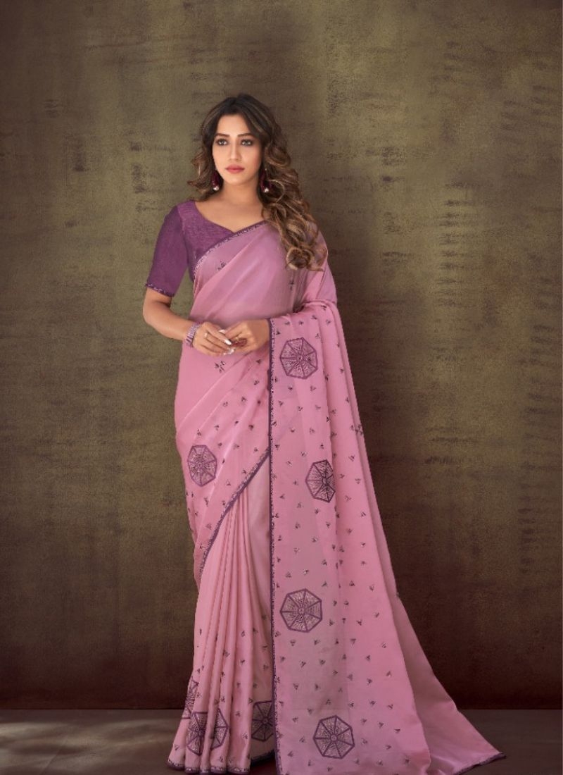 Premium zari work saree with stone work embroidery in pink