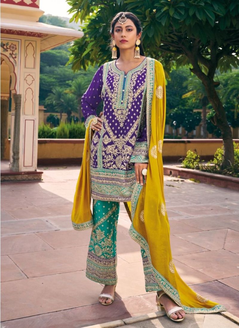 Beautiful embroidered kurta palazzo set in purple