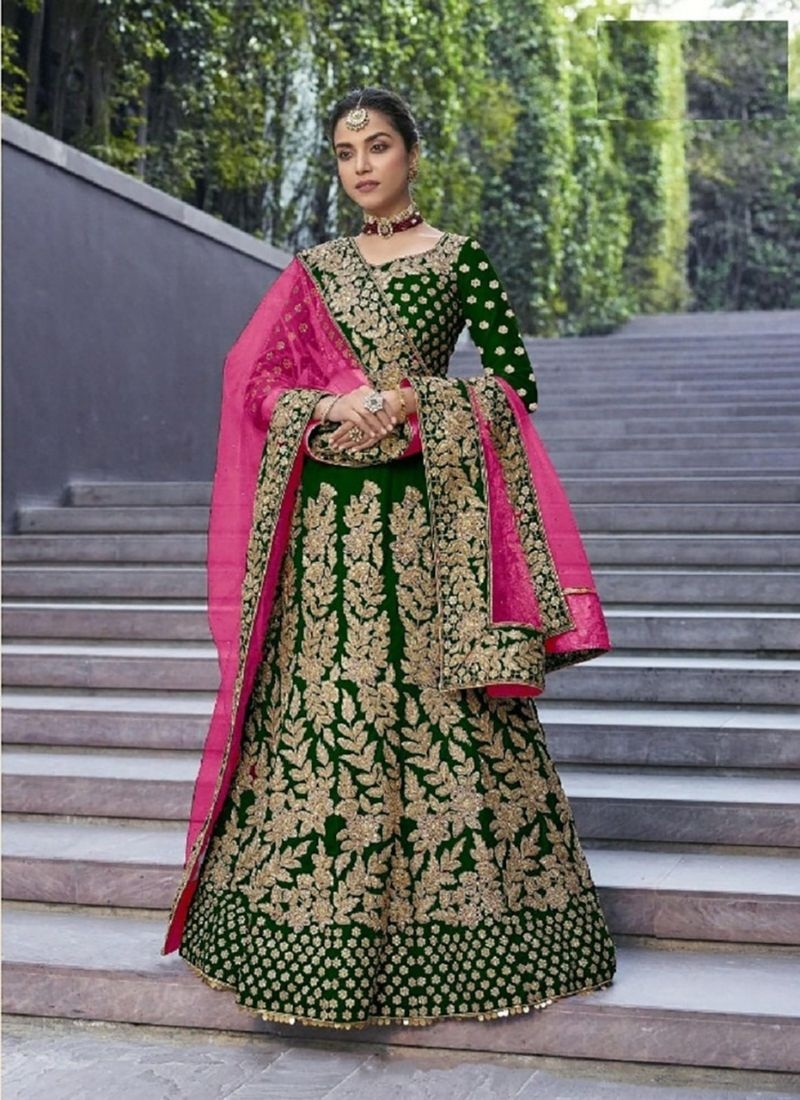 Beautiful velvet lehenga with embroidered dupatta in light green