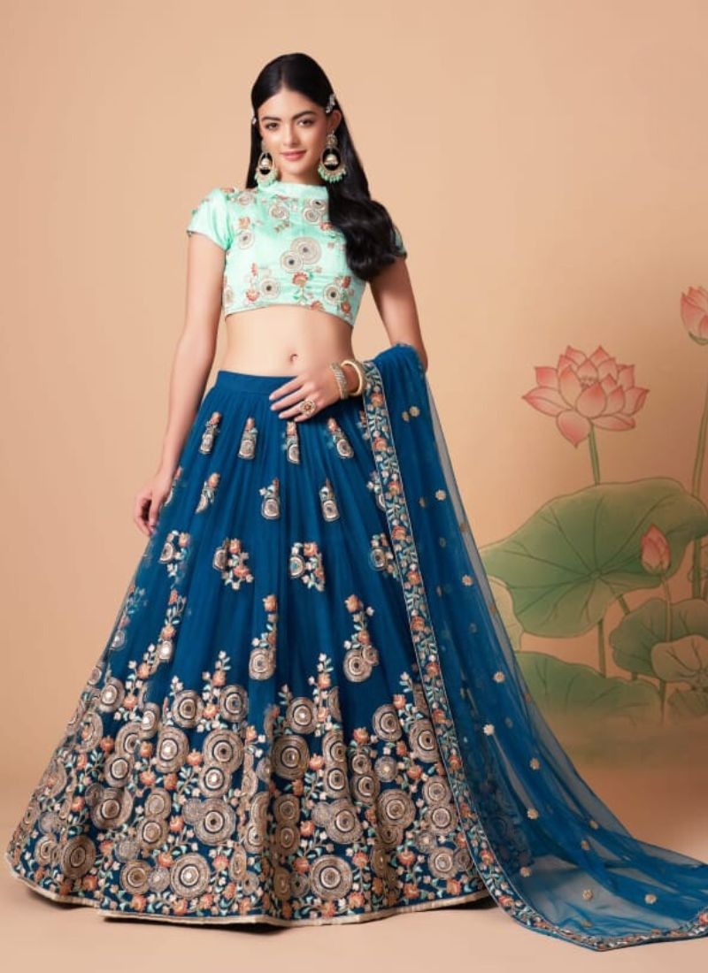 Soft net embroidered lehenga choli with mirror embroidery in dark blue