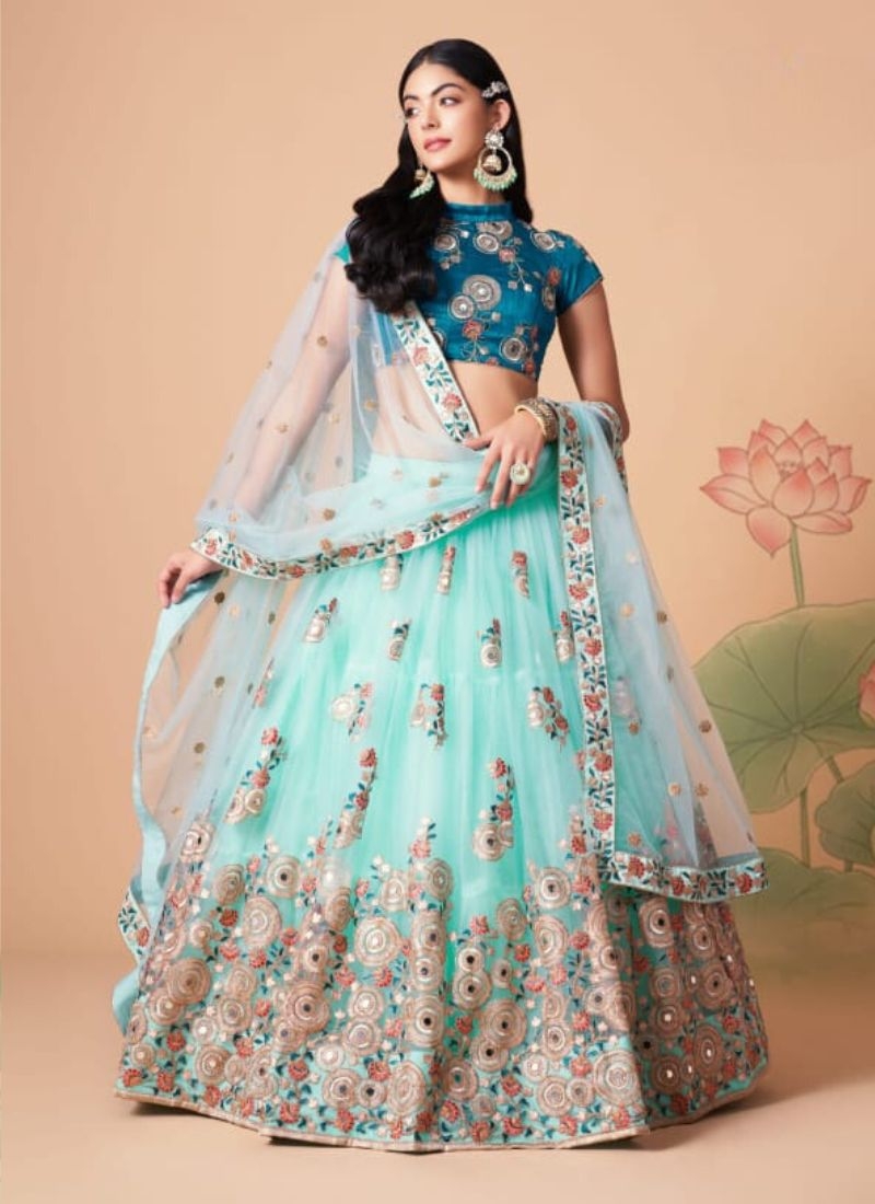 Soft net embroidered lehenga choli with mirror embroidery in light blue