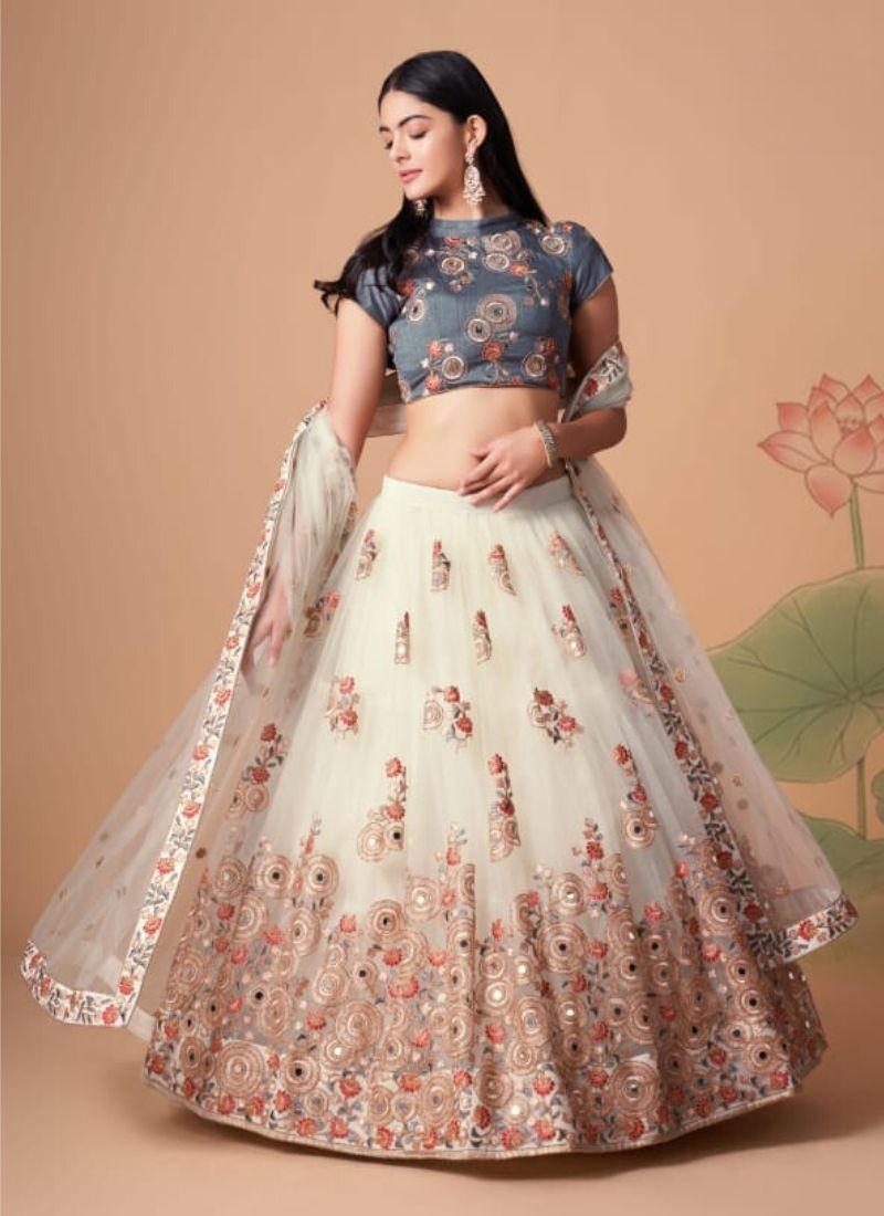 Soft net embroidered lehenga choli with mirror embroidery in grey