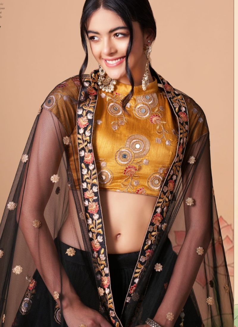 Soft net embroidered lehenga choli with mirror embroidery in black