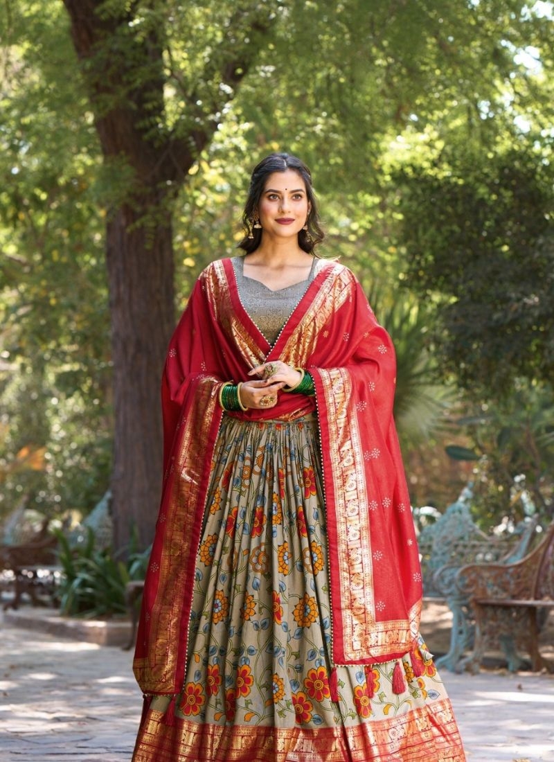 Exquisite Kalamkari Tussar Silk Lehenga Choli Set in red