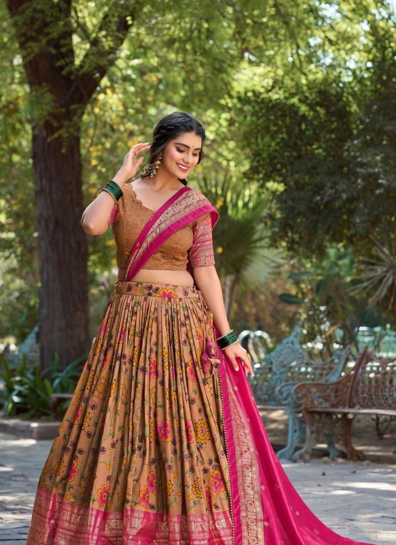 Exquisite Kalamkari Tussar Silk Lehenga Choli Set in pink