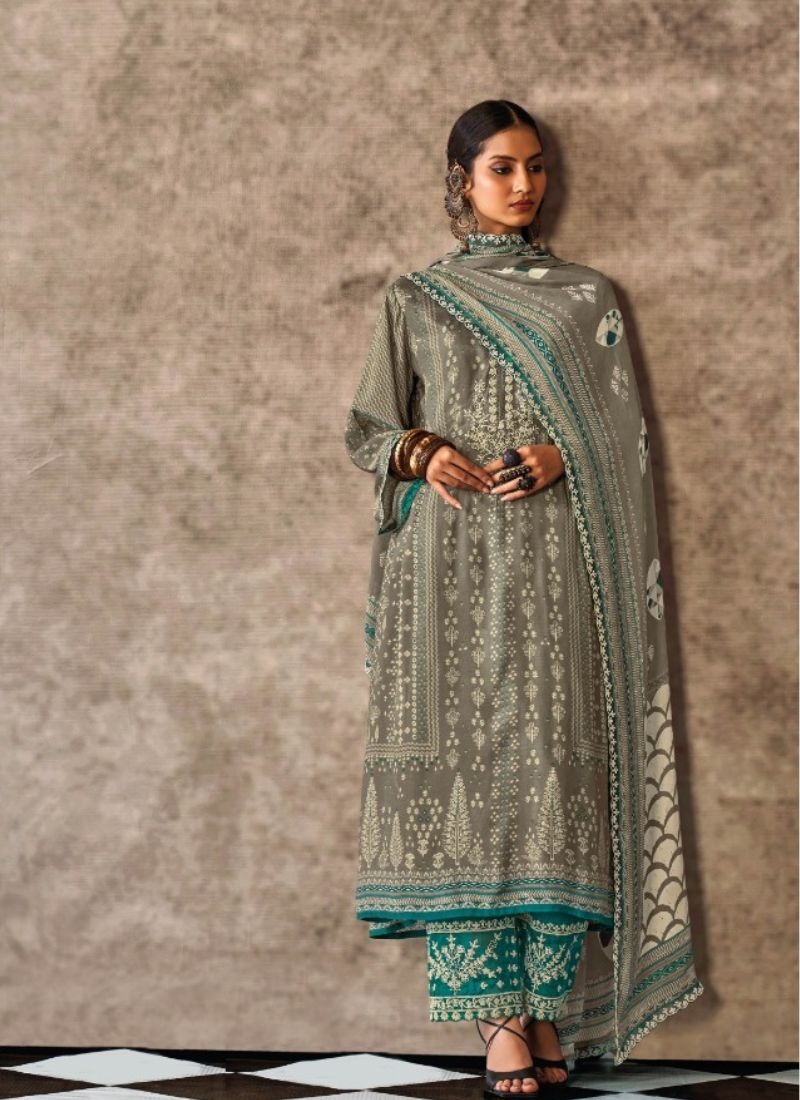 Stunning pure muslin palazzo suit with digital printing in grey