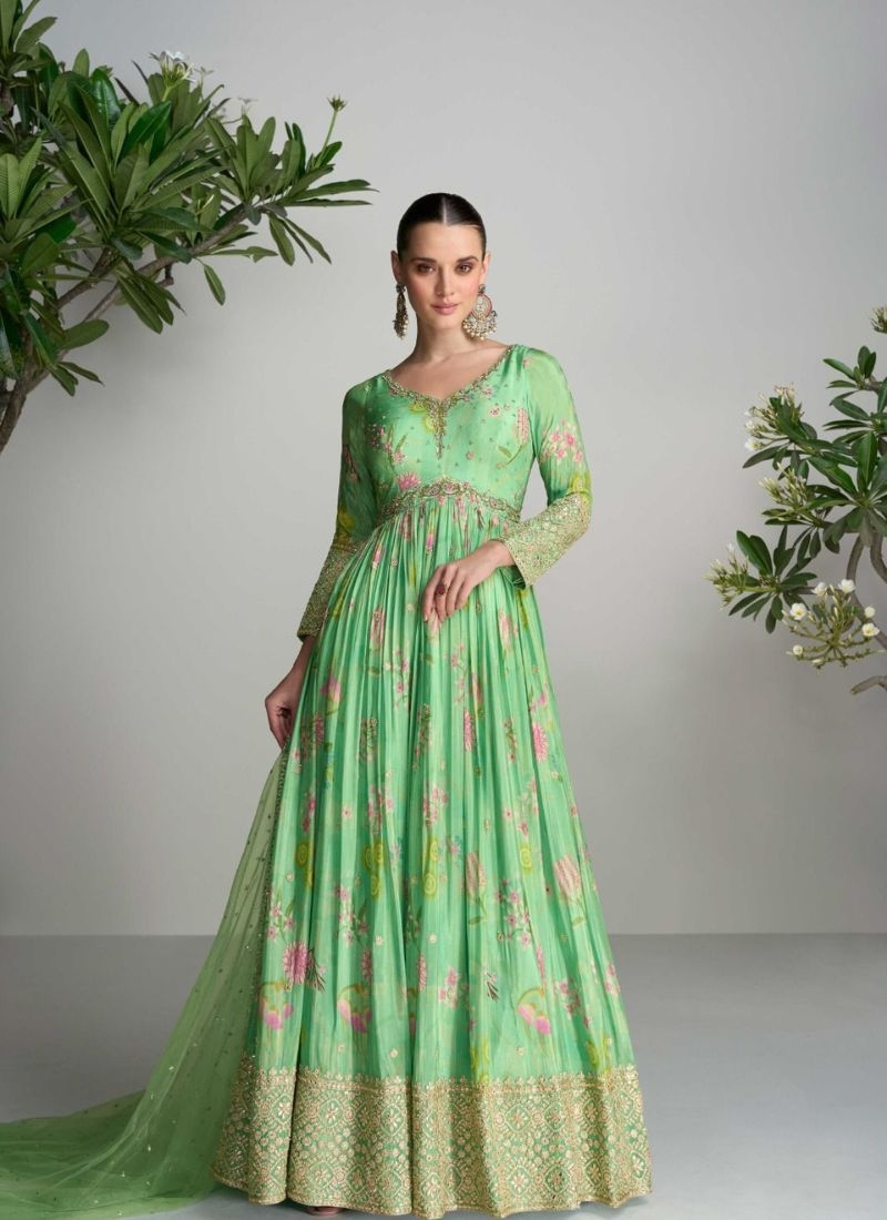 Beautiful anarkali suit with floral embroidery in light green