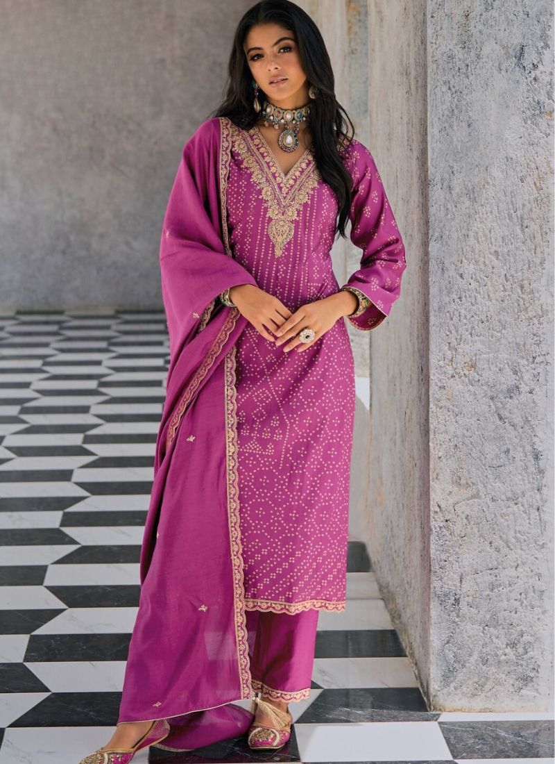 Trendy silk kurta pant suit with printed dupatta in pink