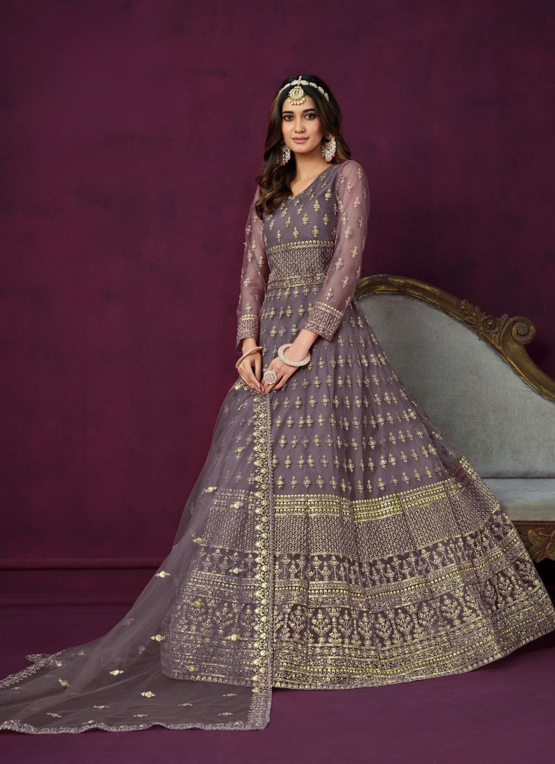 Exquisite anarkali suit with embroidered dupatta in purple