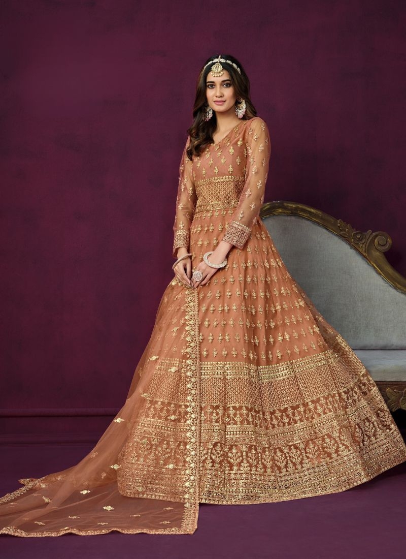 Exquisite anarkali suit with embroidered dupatta in orange