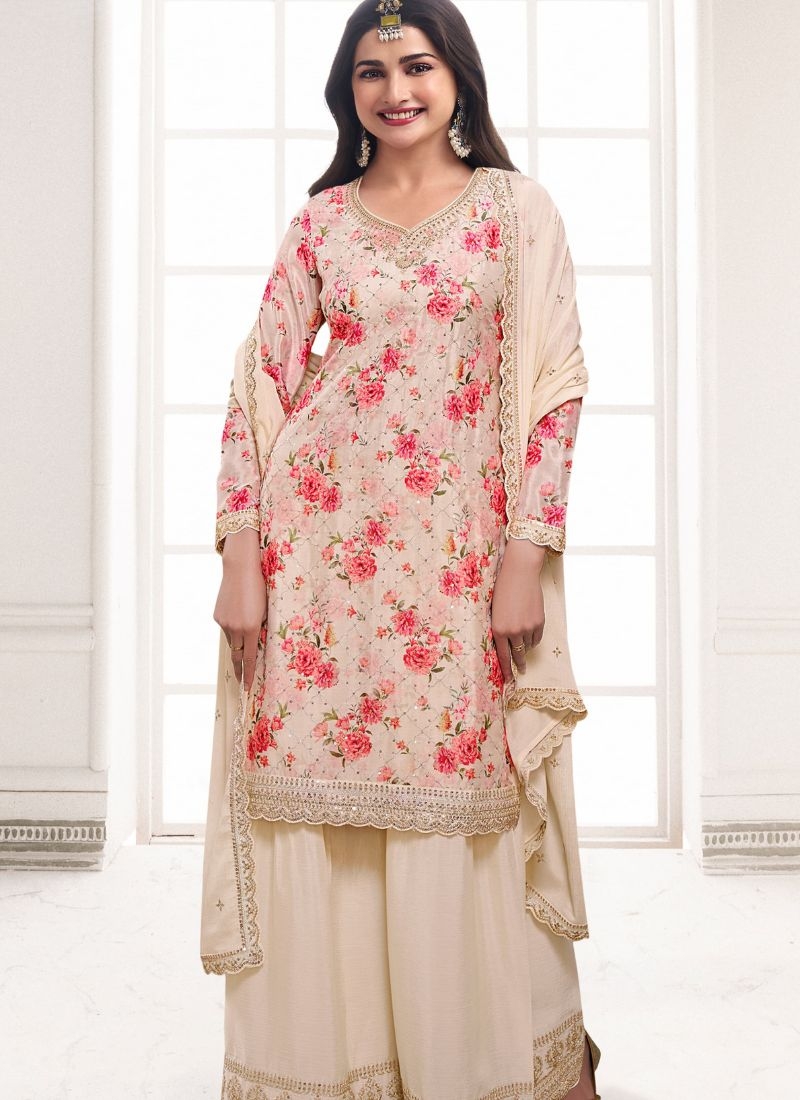 Pure chinon pant suit with embroidered dupatta in beige