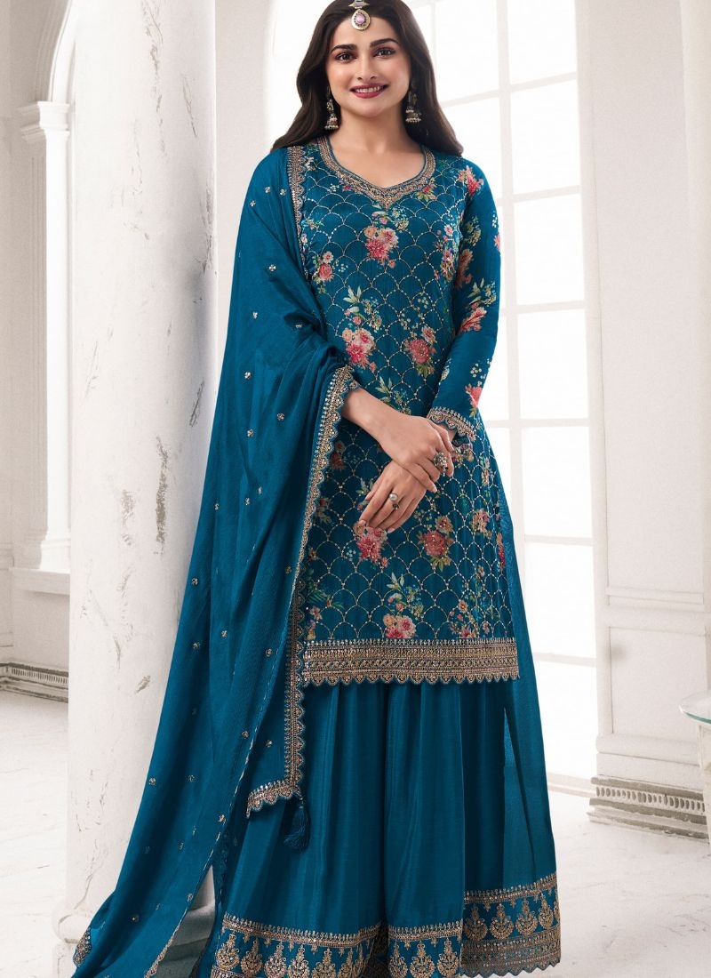 Pure chinon pant suit with embroidered dupatta in blue