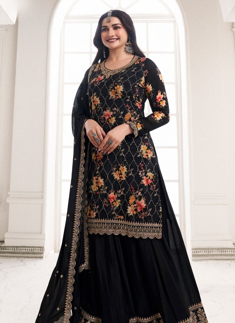 Pure chinon palazzo suit with embroidered dupatta in black