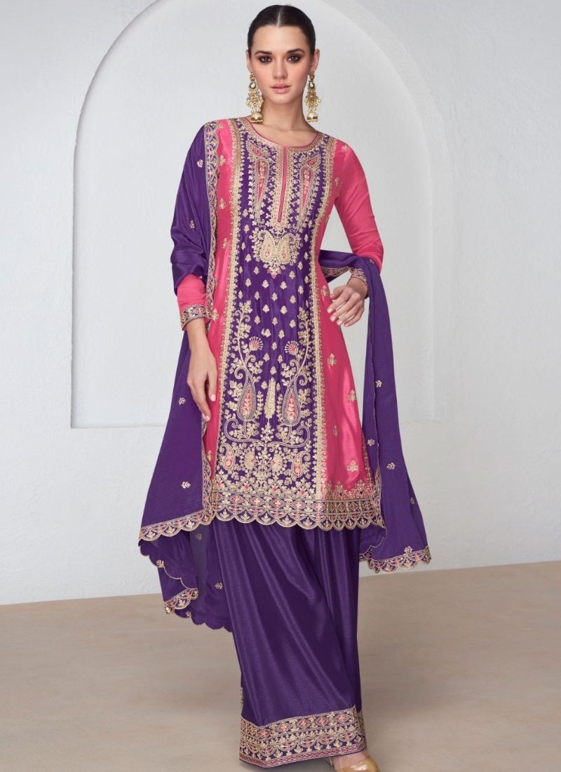 Exquisite Chinon Sharara suit with embroidered dupatta in purple