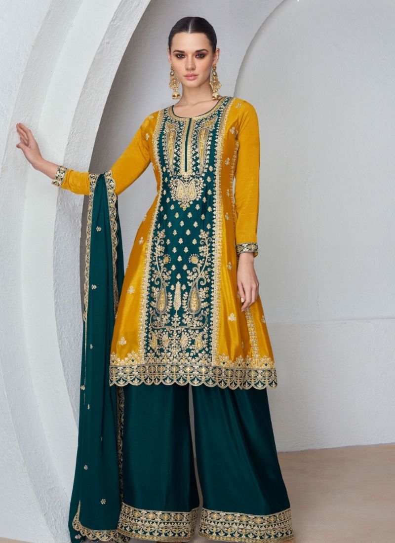 Exquisite Chinon Sharara suit with embroidered dupatta in dark green