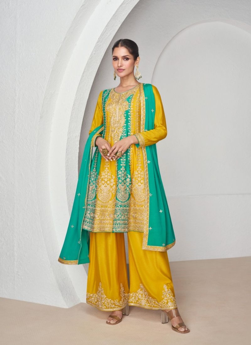 Premium Chinon sharara suit with embroidered dupatta  in yellow