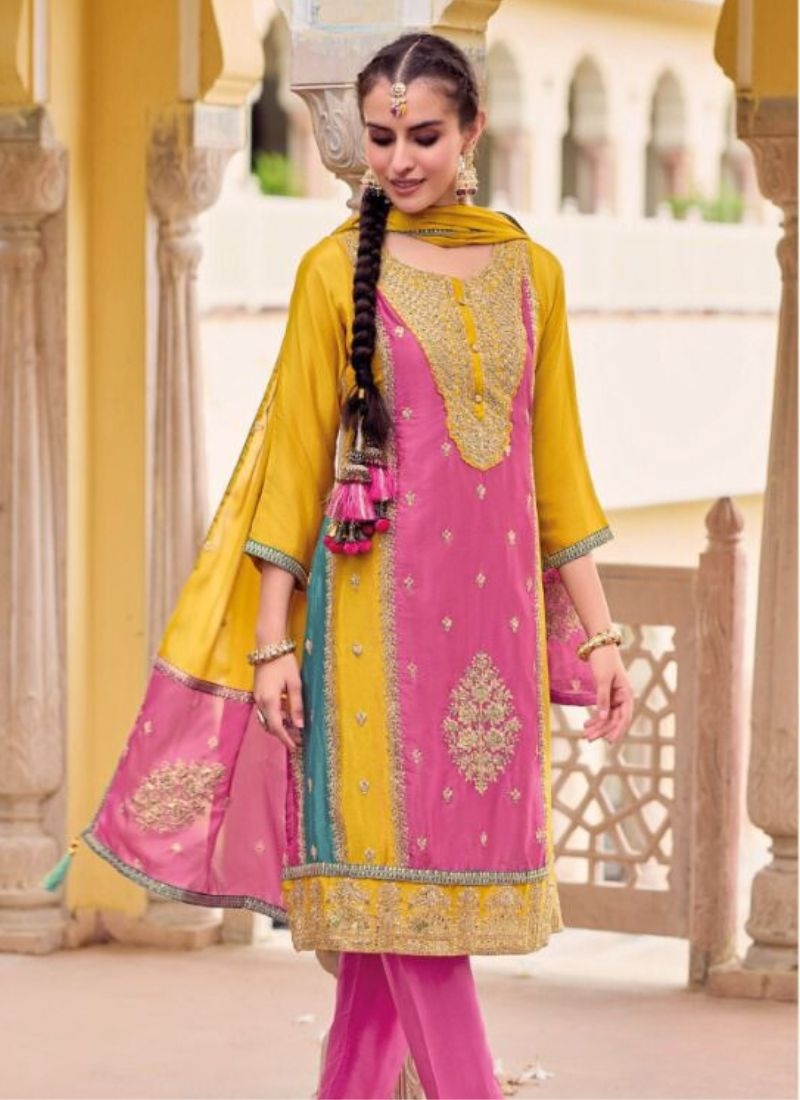 Beautiful chinon pant suit with heavy embroidery in yellow