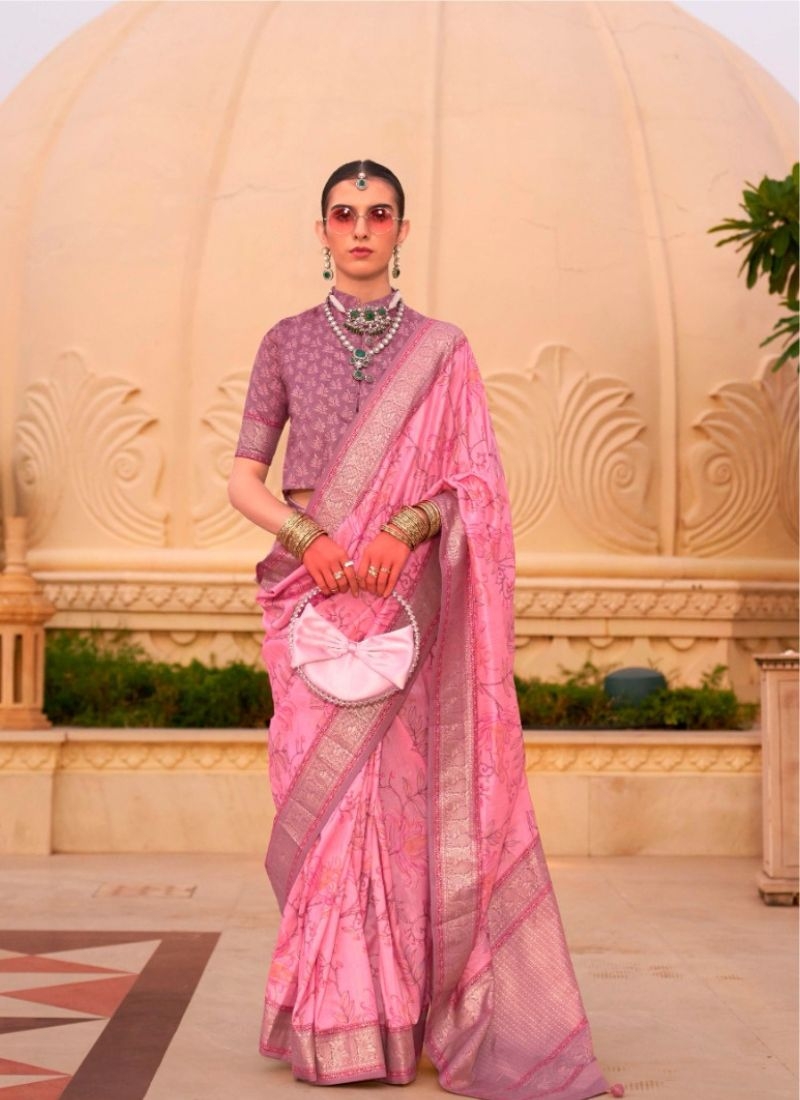 Simple silk saree with floral printing in pink