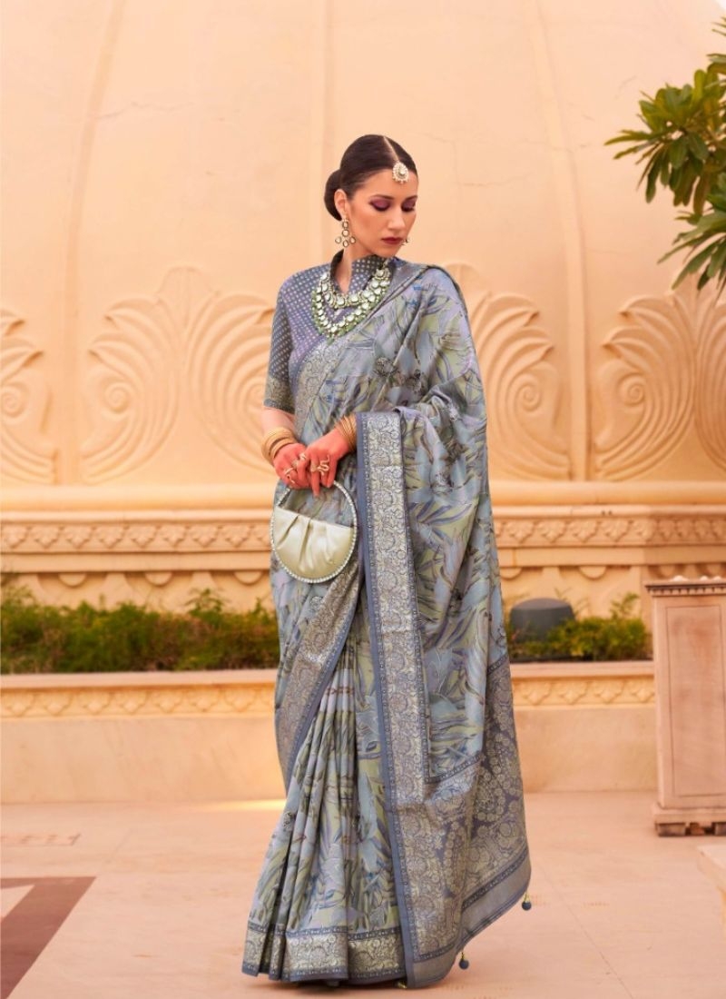 Simple silk saree with floral printing in grey