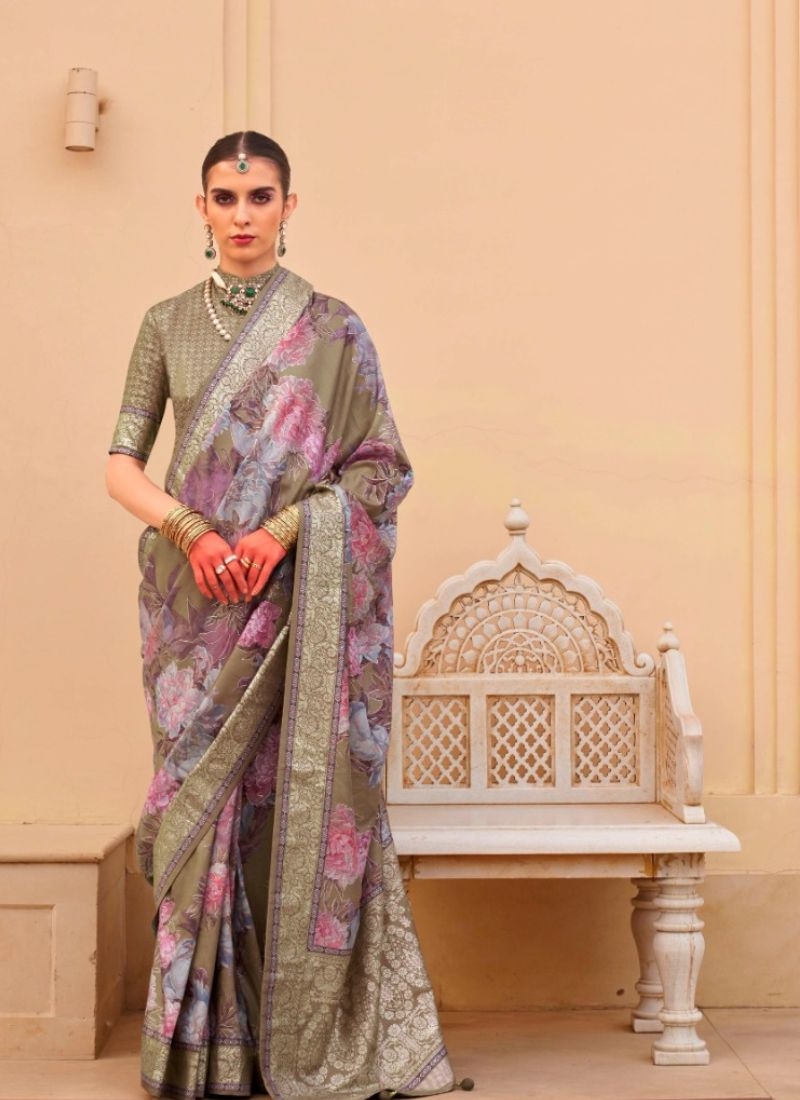 Simple silk saree with floral printing in sage green