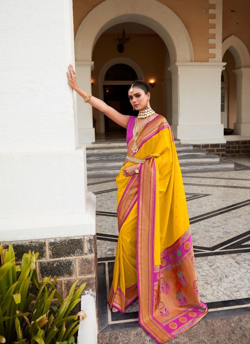 Exquisite pathani silk saree with minakari work in yellow