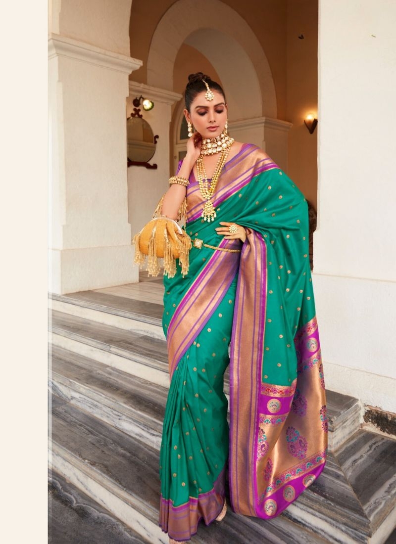 Exquisite pathani silk saree with minakari work in pastel green