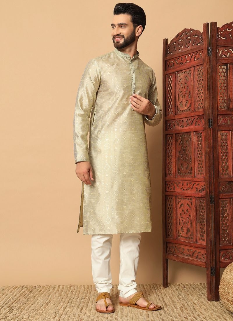 New jacquard kurta pajama suit for men in cream