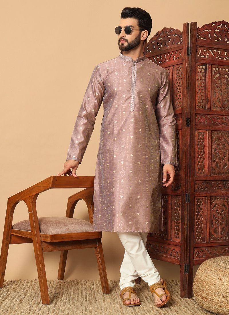 New jacquard kurta pajama suit for men in light brown