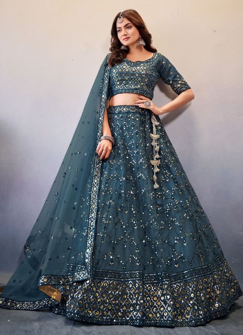 Stunning butterfly net lehenga choli with stone embroidery in light blue