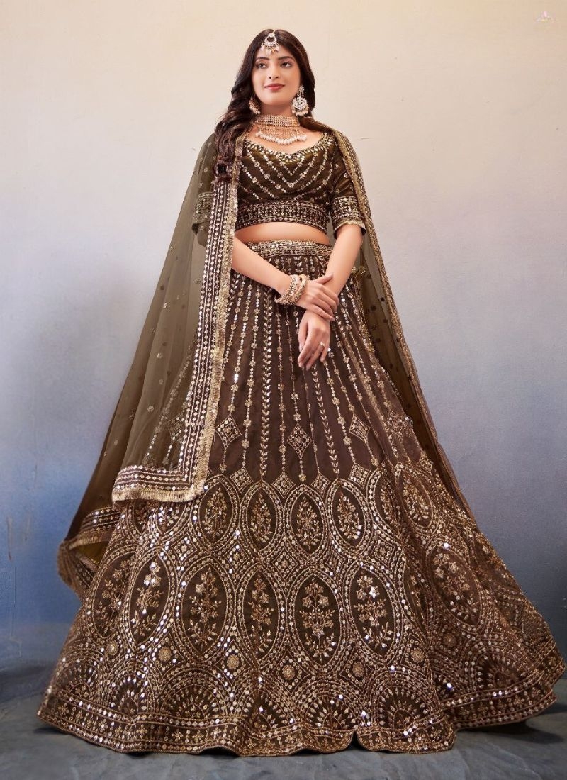 Stunning butterfly net lehenga choli with stone embroidery in brown