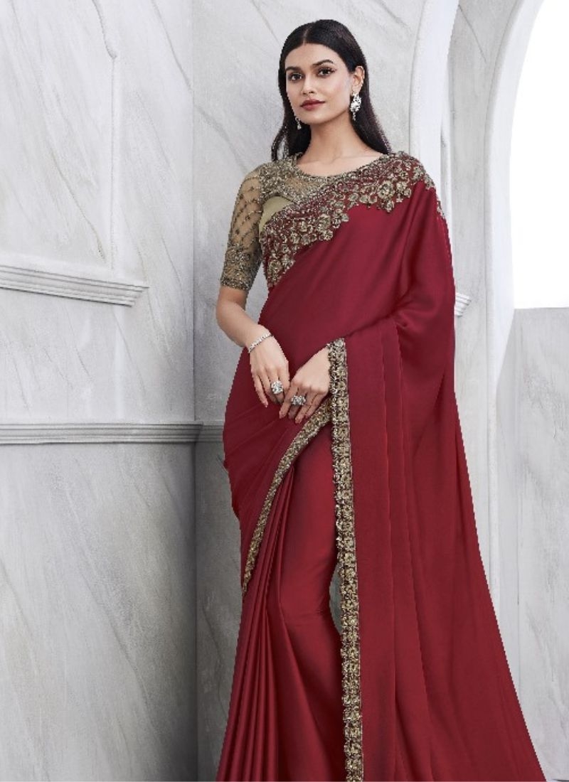 Exquisite chiffon saree with embroidered blouse in maroon