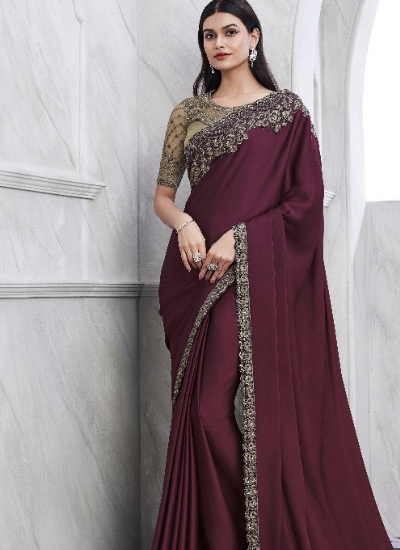 Exquisite chiffon saree with embroidered blouse in wine