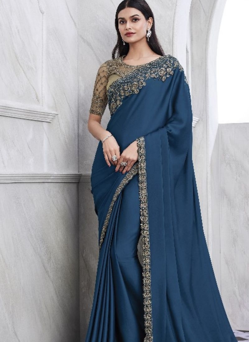 Exquisite chiffon saree with embroidered blouse in dark blue