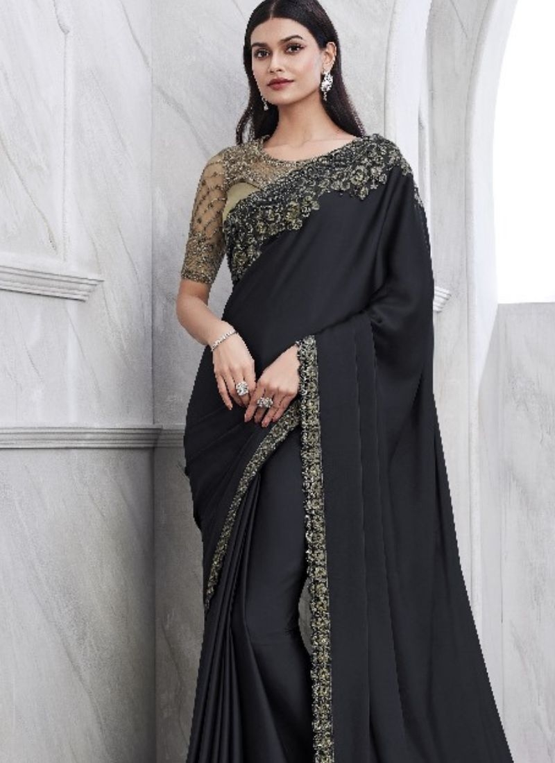 Exquisite chiffon saree with embroidered blouse in black