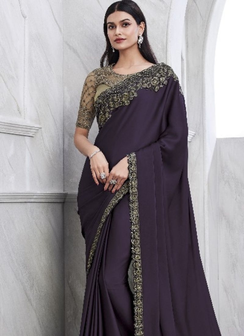 Exquisite chiffon saree with embroidered blouse in dark purple