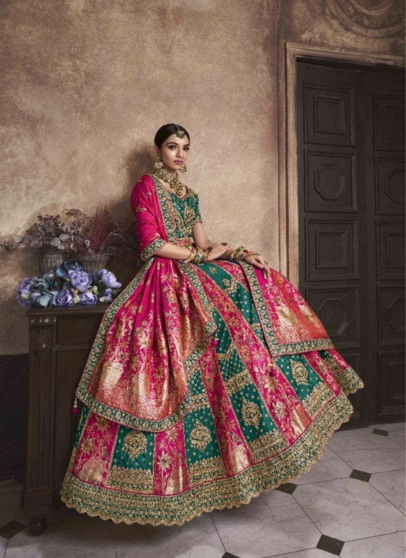 Designer lehenga with beautiful embroidered dupatta in dark green