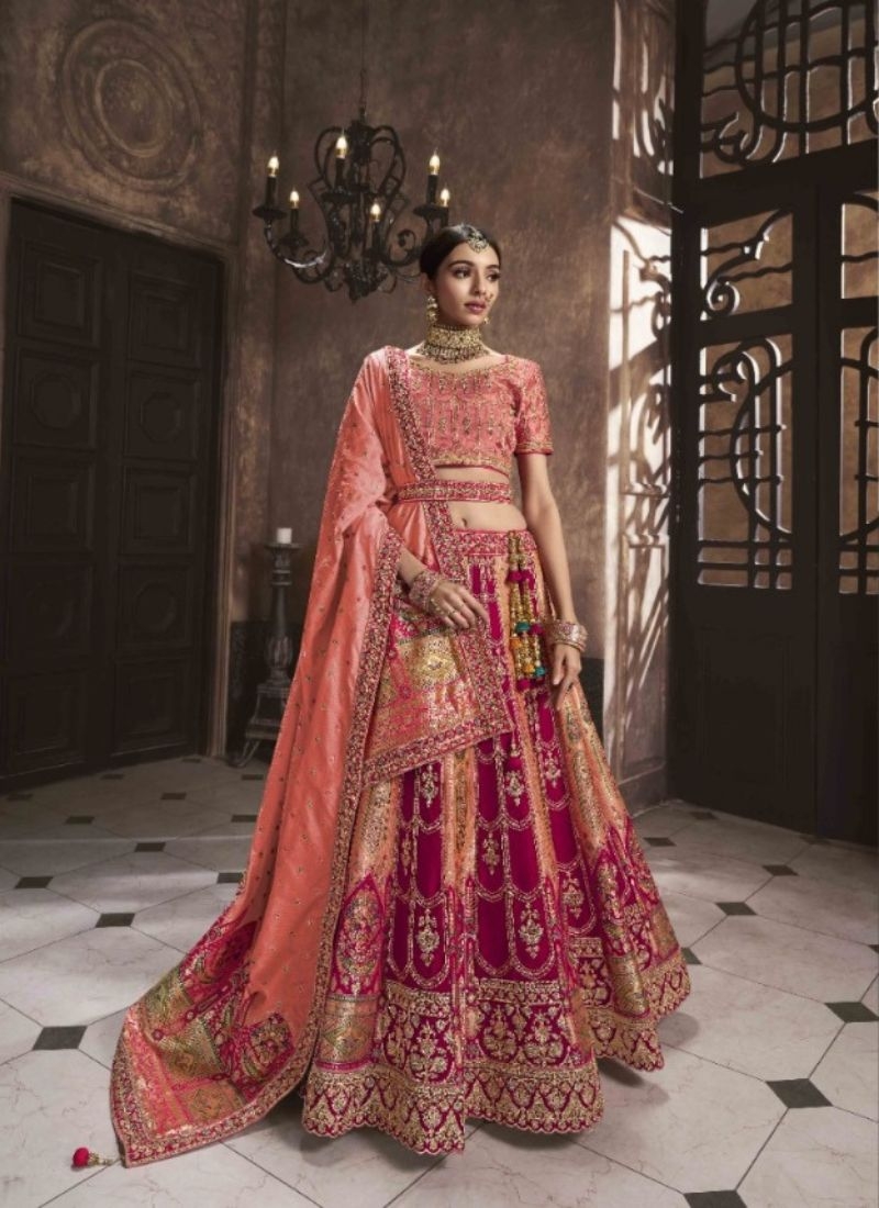 Designer lehenga with beautiful embroidered dupatta in peach