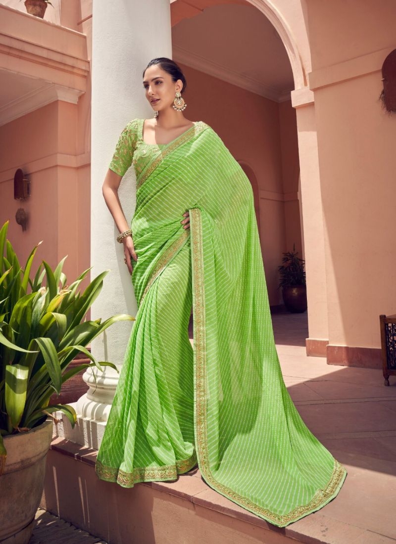 Beautiful georgette saree with bandhani print in light green