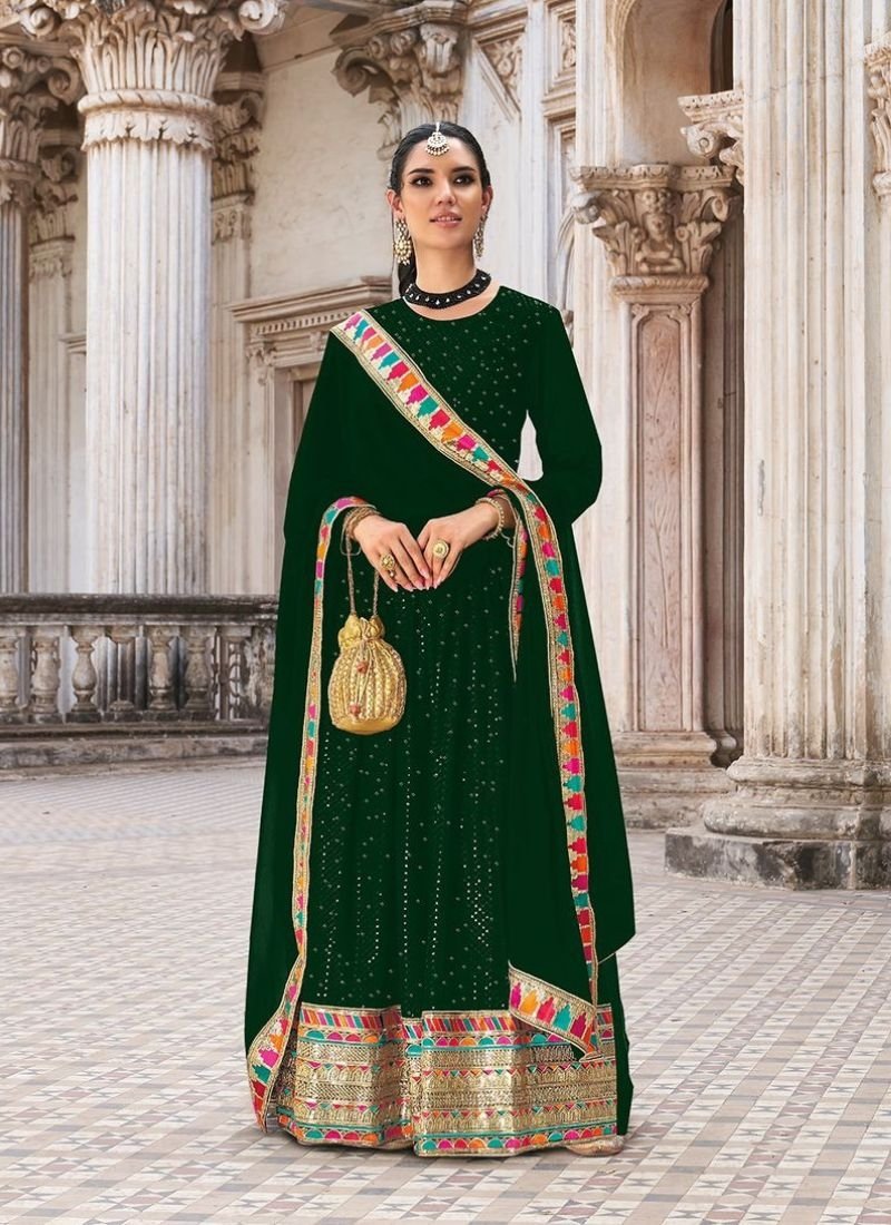 Designer georgette anarkali suit with embroidered dupatta in dark green