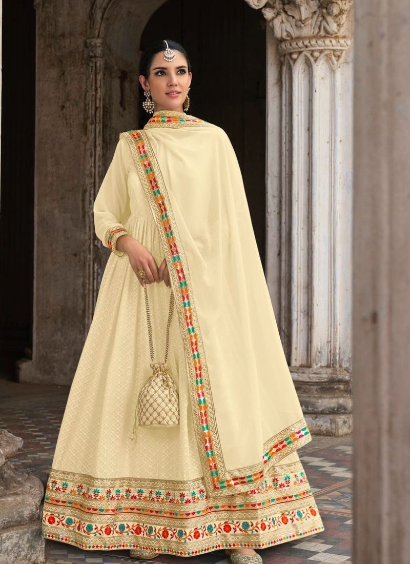 Designer georgette anarkali suit with embroidered dupatta in cream