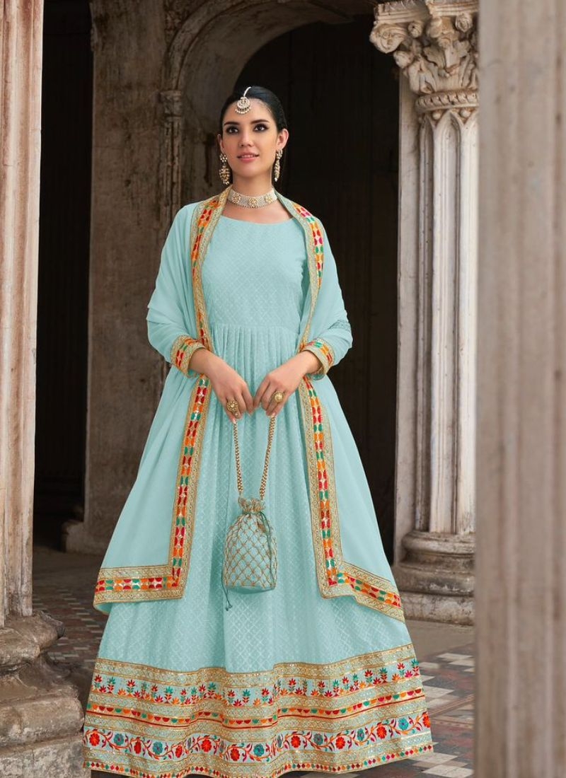 Designer georgette anarkali suit with embroidered dupatta in blue