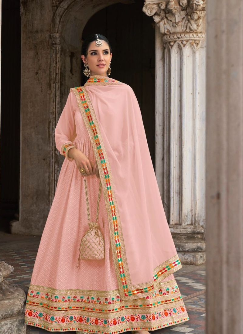 Designer georgette anarkali suit with embroidered dupatta in pink