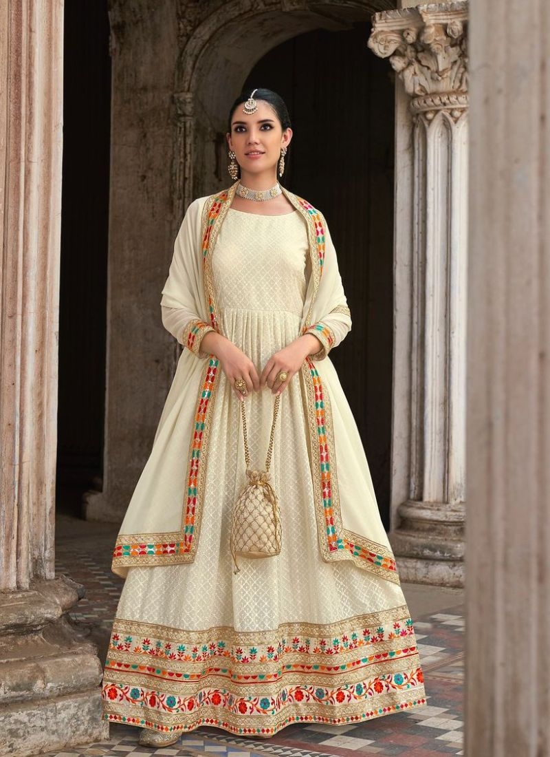 Designer georgette anarkali suit with embroidered dupatta in off white