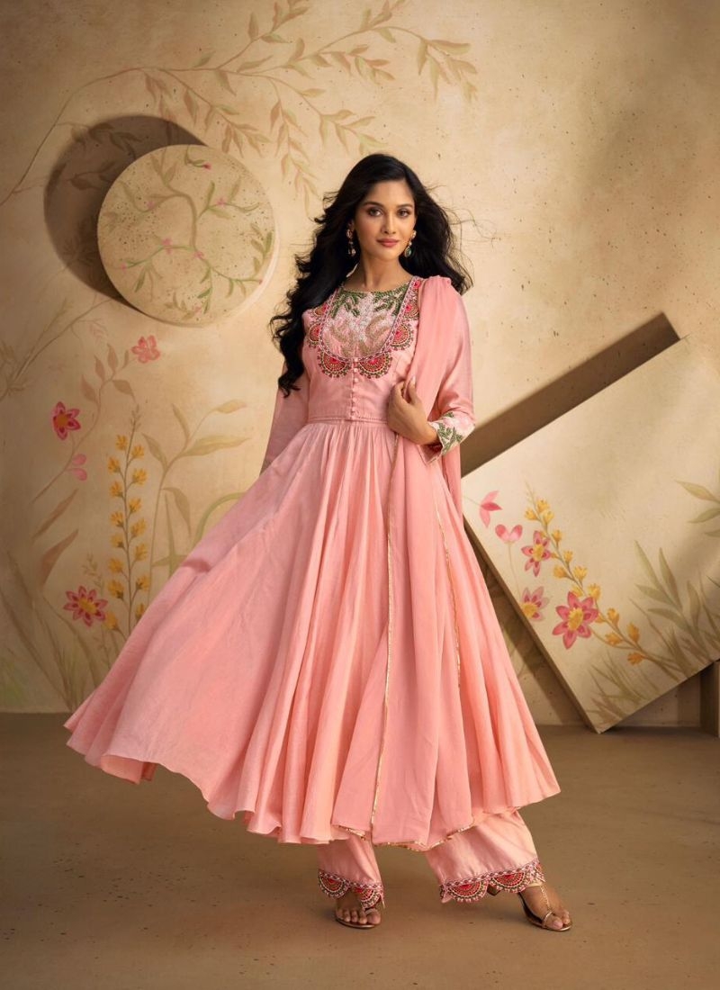 Beautiful silk pant suit with embroidered dupatta in pink