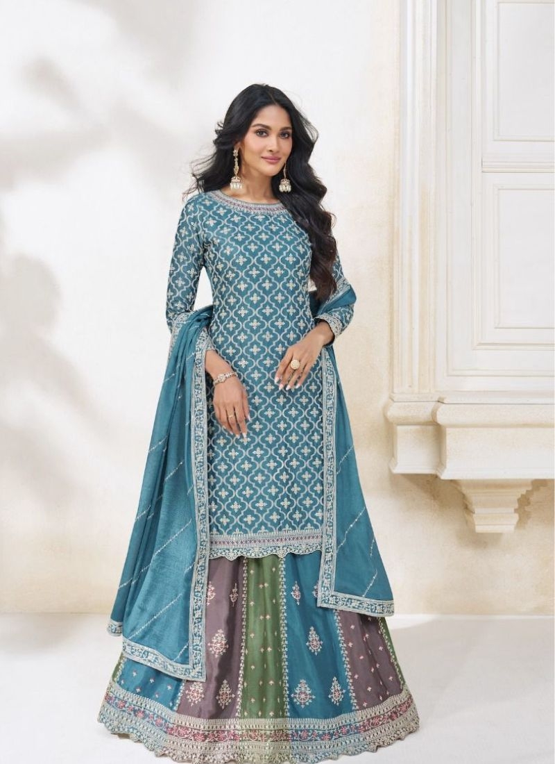 Premium chinnon silk lehenga with long embroidered kurta in blue