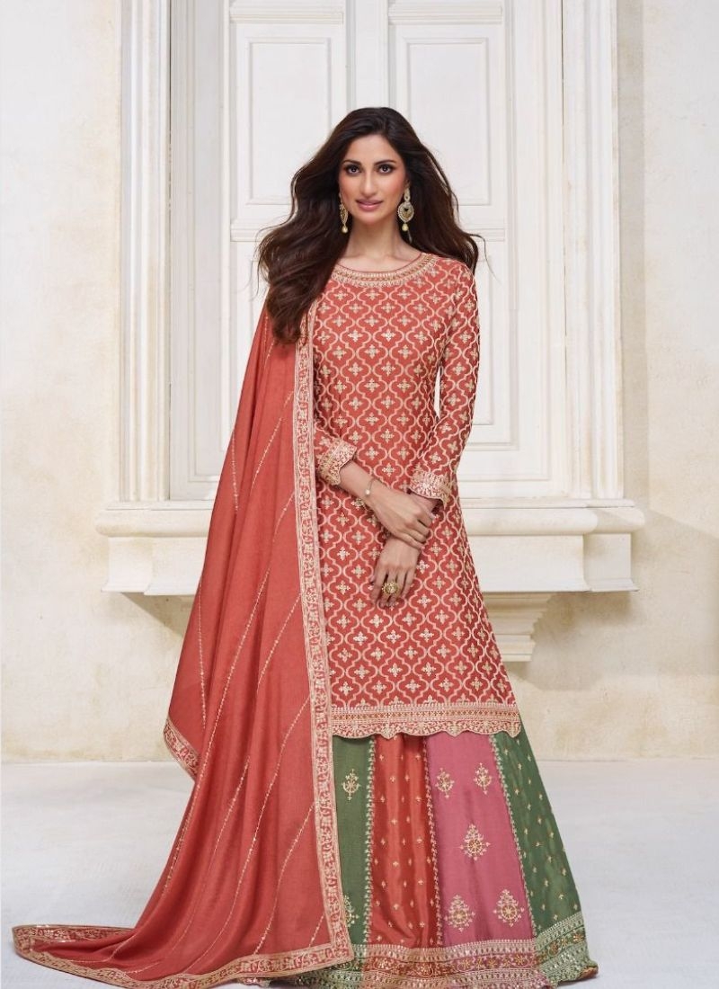 Premium chinnon silk lehenga with long embroidered kurta in red