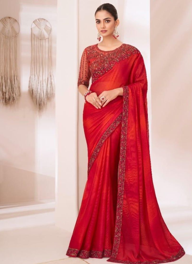 Designer silk saree with embroidered blouse in red